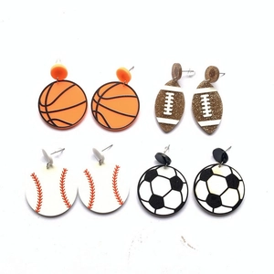 Acrylic Sports Ball Drop Earrings With Stainless Steel Earring Post Basketball Football Baseball Rugby Athletic Novelty
