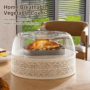 Multilayer breathable food cover with transparent lid and hollow base on wooden table