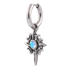 Vintage stainless steel huggie earring with silver star cross and blue moonstone