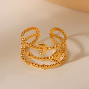 18K gold plated multi-layer stainless steel ring featuring celestial sun, moon, and star charms