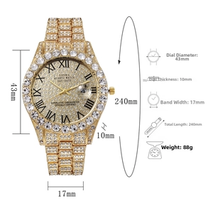 Detailed specs of luxury gold iced-out men's watch with 43mm dial and roman numerals