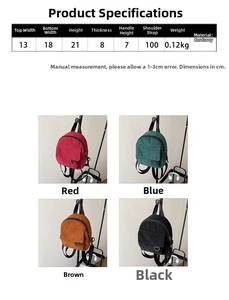 Detailed dimensions and four color options for the minimalist corduroy mini backpack