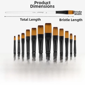 Detailed size chart for 12-piece white acrylic paint brushes with nylon bristles measurements