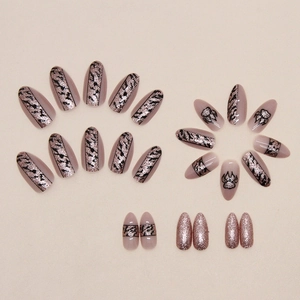 Sparkling almond fake nails with champagne leopard print and cat paw designs 24pcs