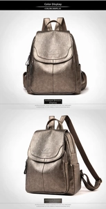 Vista detallada de la mochila bronce con solapa, logotipo de canguro y bolsillo