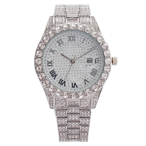Silver luxury women's watch with full crystal rhinestones, Roman numerals and date display