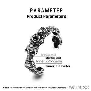 Detail view of gothic skull bracelet with black zircon inlay and size measurements