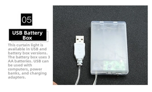 Dual power supply detail showing USB connector and 3xAA battery box for LED string lights