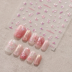 Relief Sakura Nail Art Stickers Holographic Cherry Blossom Floral Self Adhesive DIY Manicure Decals M-355