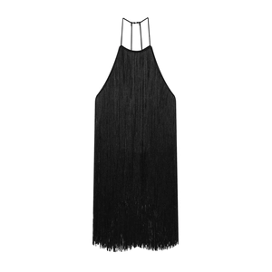 Elegant Women Black Halter Neck Tassel Maxi Dress Solid Color Sleeveless Fringe Party Evening Dress Sexy Bodycon Dress