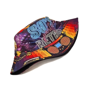 Close-up of 80s retro neon pattern with radio and disco ball on a double-sided bucket hat