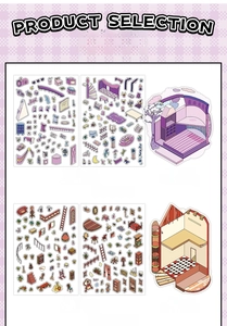 Macro detail of DIY PET stickers with magical house scenes for scrapbooking decoration