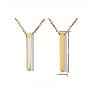 Detail showing dimensions 33x3mm and 3.2g weight for gold stainless steel bar pendant
