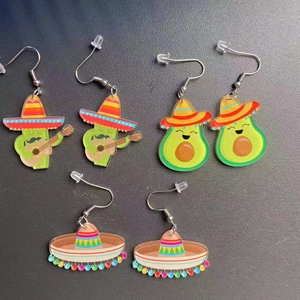 Acrylic Mexican Fiesta earring set with colorful cactus, avocado, and sombrero designs