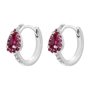 Elegant silver earrings with red teardrop crystals and sparkling stones on white background