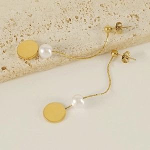Elegant wave chain long tassel earrings with white pearls and gold round pendants