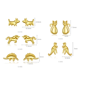 Detailed size chart for five golden animal stud earrings including cat and dinosaur shapes