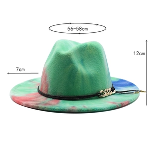 Detail of green tie-dye jazz hat with metal chain and size labels 56-58cm