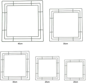 Set of five square metal wreath frames in dark green for DIY floral arrangements