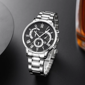 SOKI men's quartz watch with silver steel strap, black Roman dial and three sub-dials