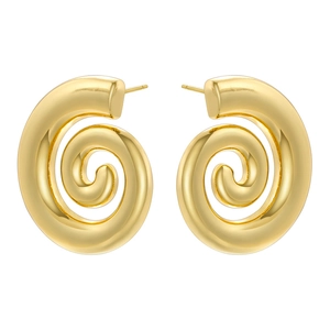 Detailed view of polished gold spiral earrings with a minimalist geometric design