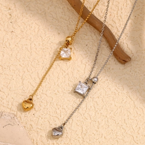 Y-shaped stainless steel necklace with square zircon and heart pendant in gold and silver