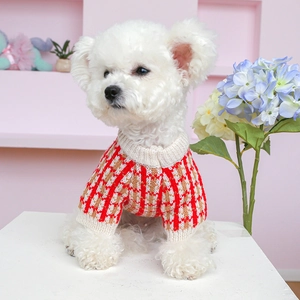 Detailed close-up of a red and white checkered pet sweater on a white Bichon dog