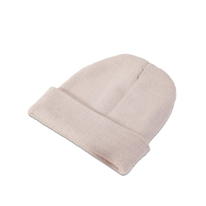 Detailed close-up showing the soft knitted texture and stitching of this off-white beanie