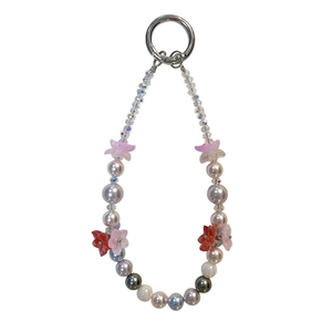 Handmade beaded flower phone charm strap with elegant pink and red resin blossoms