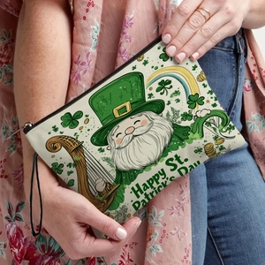 St Patricks Day Kosmetiktasche Leinen Make Up Beutel Mit Reißverschluss Und Handschlaufe Kleeblatt Druck Festlicher Organizer