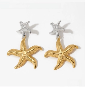 Macro detail of two-tone starfish earrings featuring textured gold and silver finishes