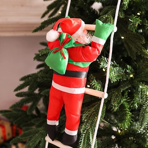 Detail of Santa Claus climbing a rope ladder on a Christmas tree with warm fairy lights