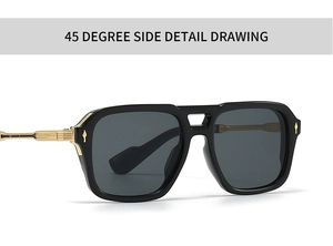 Detail view of vintage square aviator sunglasses with gold metal temples and linear texture