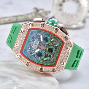 Detail of tonneau watch with diamond bezel, skeleton dial, and green rubber strap