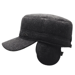 Men's winter flat top wool army cap with ear flaps and mountain logo in dark gray