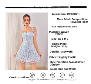 Detail view of floral summer dress fabric with organza hem and polyester texture info
