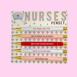 Detailed view of 5-piece nurse themed penset with humorous slogans on pink background