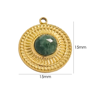 Detail of 15mm gold-plated circular pendant with faceted green gemstone inlay