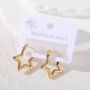 Minimalist gold stainless steel star hoop earrings on white display card packaging