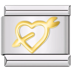 Macro view of silver modular link with golden heart and arrow for DIY bracelets