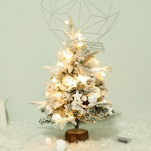 Mini Christmas Tree Desktop Ornament PE Flocked Snow Effect With LED String Lights Wood Base Artificial Xmas Decoration