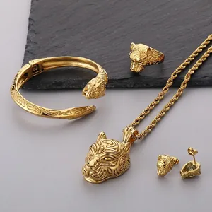 Men Tiger Head Necklace Pendant Open Bangle Ring Stud Earrings 316L Stainless Steel 18K Gold Plated Punk Chinese Zodiac Jewelry