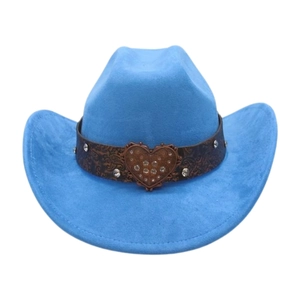 Bright blue suede cowboy hat featuring a brown leather band with a rhinestone heart buckle