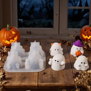 Ghost-shaped silicone molds for Halloween candles with pumpkins and wizard hats