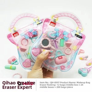 Detailed close-up of colorful cosmetic shaped erasers including lipstick and mirror