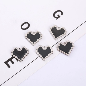 Set of five black mosaic pixel heart pendants with silver frames for DIY jewelry