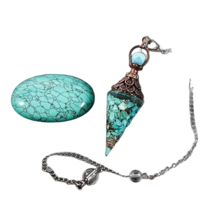 Cone-shaped turquoise crystal pendulum with vintage silver cap and flat turquoise gemstone