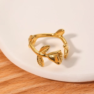 Vintage gold rose flower stainless steel ring with adjustable 3D carved branch design