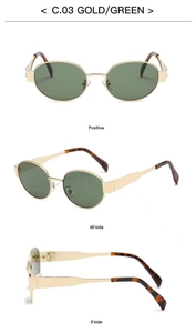 Detailed views of gold oval metal sunglasses with green lenses and amber temple tips