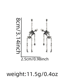 Detailed view of skeleton drop earrings showing size dimensions and metal weight specifications